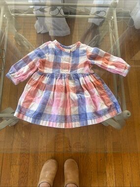 Girls Plaid Long-Sleeve Cotton Dress - Pink, Blue, White 12-18 months